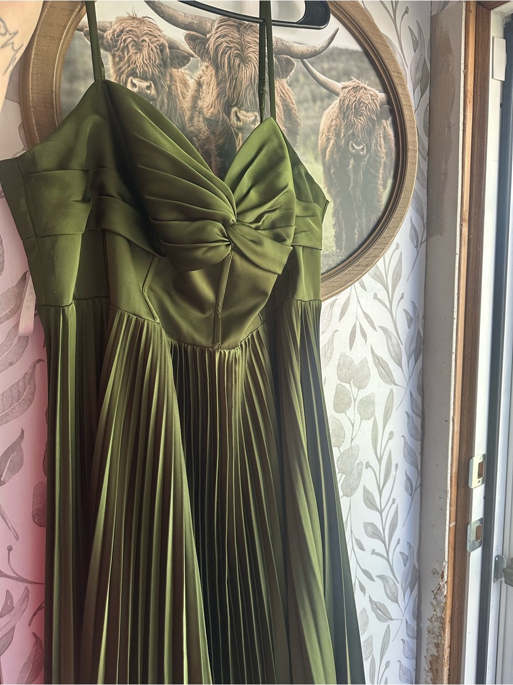 Azazie Olive Green Strapless Pleated Evening Dress